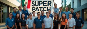 Fotografía realista de un grupo de jóvenes emprendedores mexicanos en un entorno urbano moderno, vistiendo ropa casual pero profesional. Todos sonríen con confianza mientras sostienen una gran pancarta con la bandera de México con letras grandes y en negrita que dicen ‘SUPER PATCH’. La escena está iluminada por luz natural, reflejando una atmósfera optimista y llena de energía, simbolizando la unión y el éxito